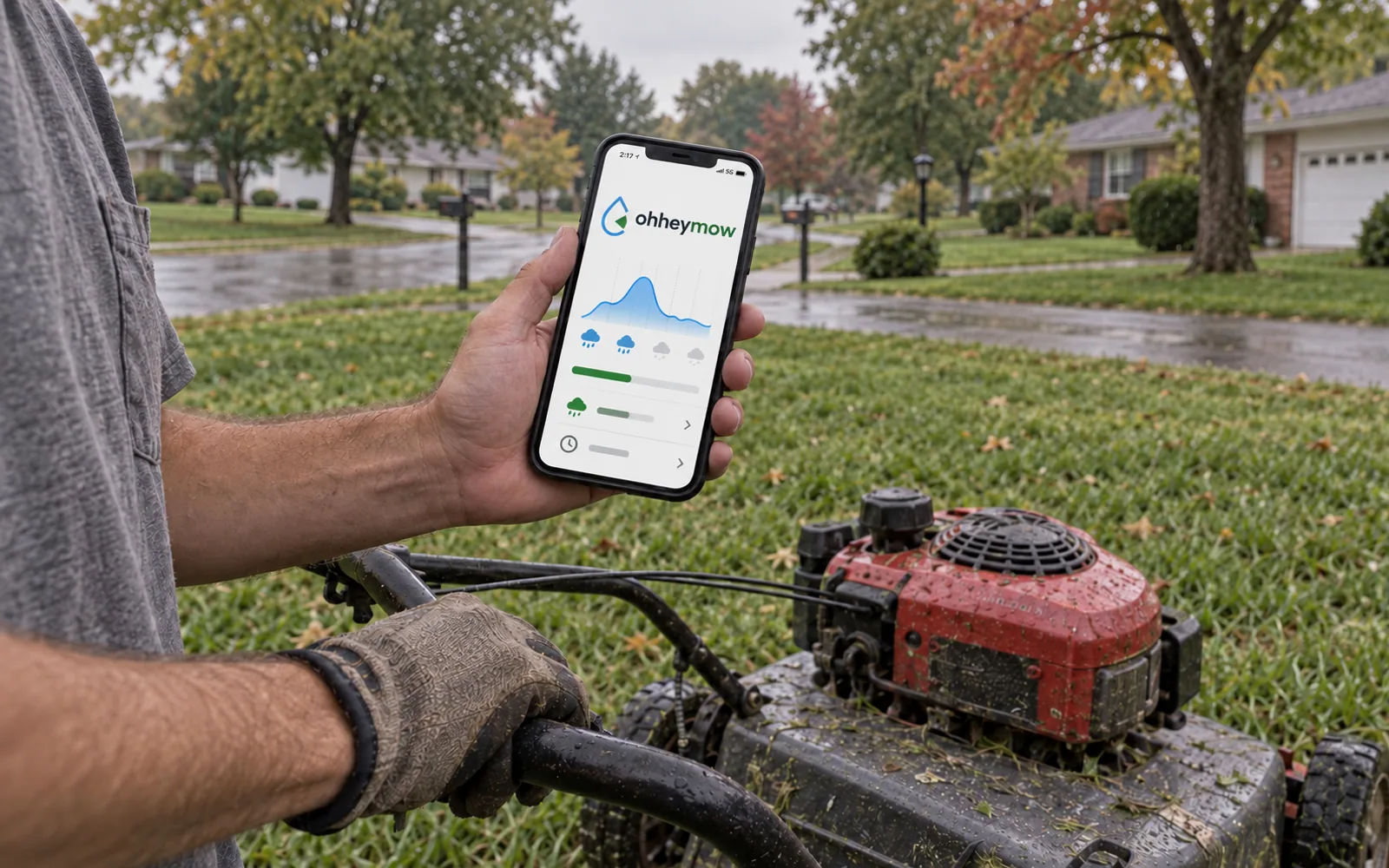 A person checking an illustrative phone display beside a mower after rain.