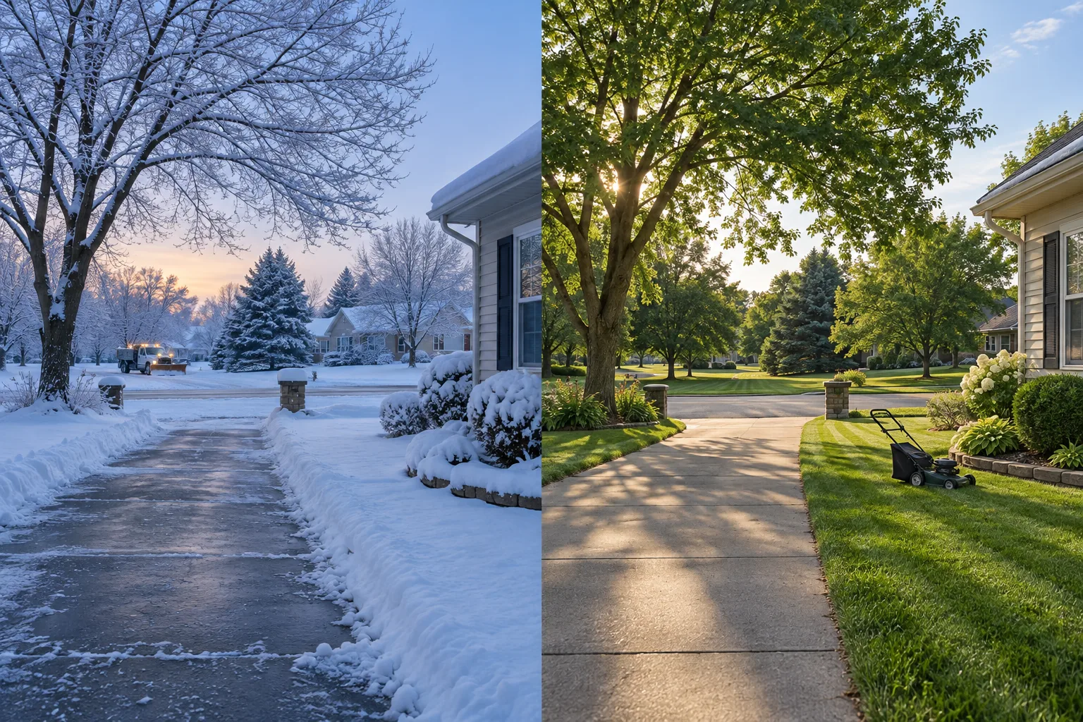The same Ohio-style home and driveway in snow on the left and mowing season on the right.